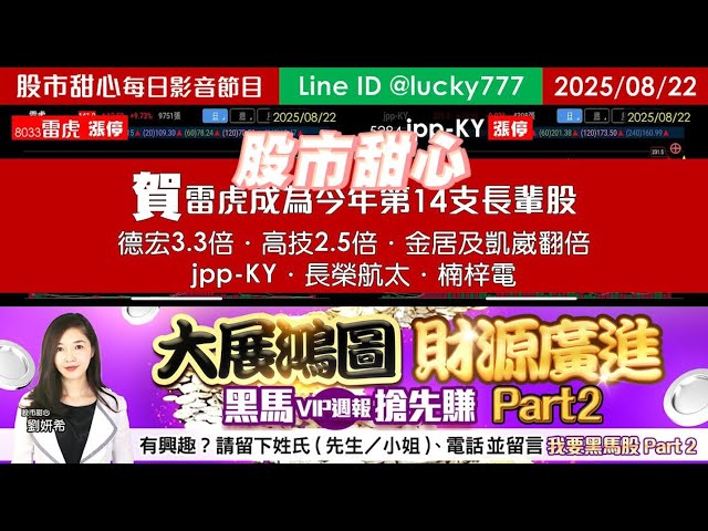 0822【甜心盤後影音】賀雷虎榮登今年第14支長輩股！德宏3.3倍．高技2.5倍．金居＆凱崴翻倍．jpp-KY．長榮航太．楠梓電，大展鴻圖黑馬VIP週報II開放預約
