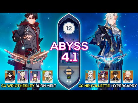 C0 Wriothesley Burn Melt & C0 Neuvillette Hypercarry Spiral Abyss 4.1 Floor 12 9stars Genshin Impact