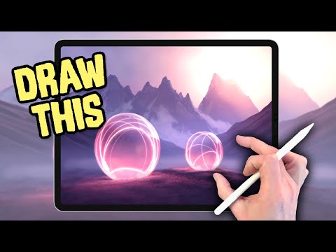 MOUNTAIN NEON SPHERE LANDSCAPE  drawing tutorial - Procreate made easy