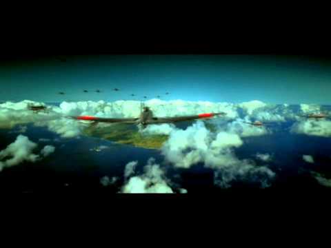 Pearl Harbor trailer frame: sortie of aircraft as drums and brass swell
