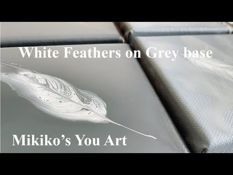 【Feather Art 1】White feathers on Grey base/ String Pull/ Fluid Art/ フルイドアート/ポーリングアート/抽象画/現代アート