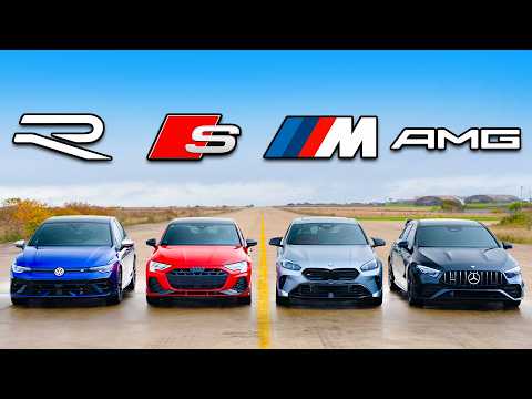 New VW Golf R vs BMW M135 vs Audi S3 vs AMG A35: DRAG RACING