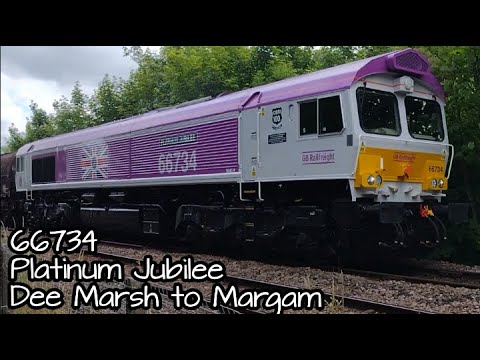 Shotton 04.06.2022 - GBRF 66734 Platinum Jubilee on Dee Marsh - Margam Coil train - Deeside