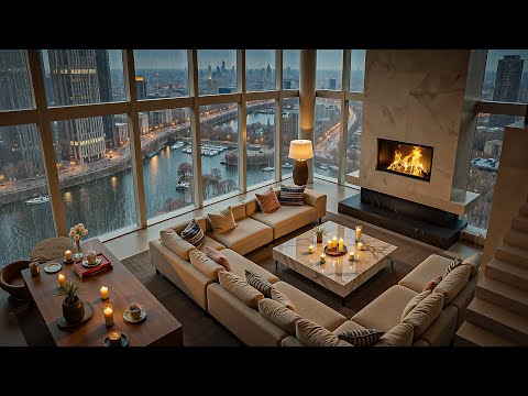 Storm Outside, Peace Inside 🌧️ Cozy Fireplace Jazz in a Luxury Penthouse