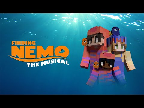 Finding Nemo: The Musical trailer still highlighting ensemble puppeteers visible with characters on rolling coral set