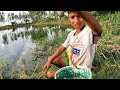 Little Boy Hunting Catching Koi Fish By Rod Traditional Hook Fishing In The Village Pond