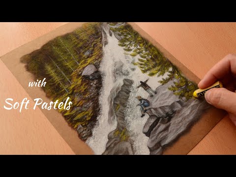 Waterfall Landscape Drawing with Soft Pastels