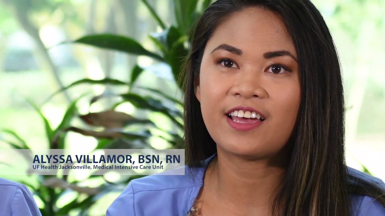 Judith Villamor, BSN, a nurse in the transitional care unit, considers it a great privilege to work at the same hospital as her daughter. Alyssa Villamor, BSN, a nurse in the medical intensive care unit, started as a UF Health volunteer in high school. She followed in the footsteps of Judith and completed nursing school herself.