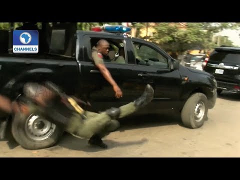 Video: Jubilating Policeman Falls Off Moving Van In Lagos