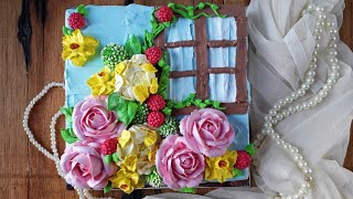 Whipped Cream Flower Cake🇳🇵| whipped cream Rose, Closed Peony, Daffodil, Clover &amp; berries