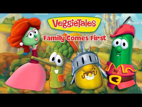 VeggieTales characters stand together with the 'Family Comes First' slogan in a bright, cartoon countryside background.