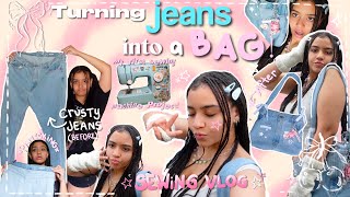 SEW WITH ME🪡🫧 turning a pair of CRUSTY mens jeans into cute girly bag 𝜗𝜚⋆₊˚
