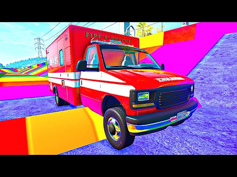 Cars vs Portal Trap with Slide Color - Flatbed Trailer Long Car Transportation Rescue - BeamNG.Drive