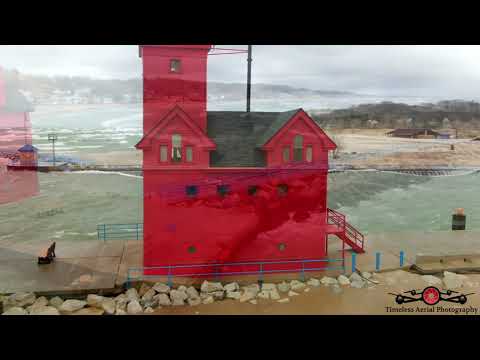 Gale Winds Slamming Holland Big Red Lighthouse Drone Footage 50+mph Wind Gust 4K Dec 11 Storm