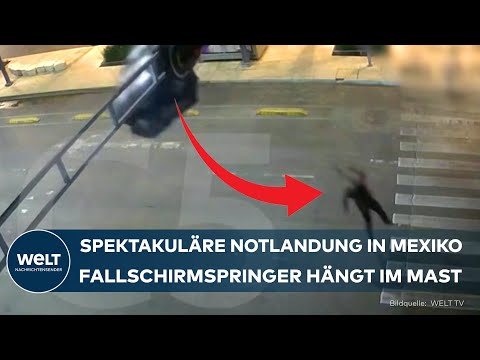 Video Thumbnail: MEXIKO: Mann bleibt in Laterne stecken - Spektakuläre Notlandung von Fallschirmspringer!