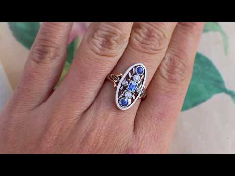 Art Nouveau 1910s Riker Bros Diamond Sapphire Ring 18k Gold Platinum