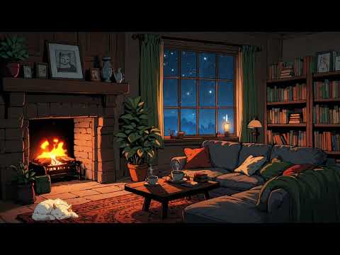 🌌 Night by the Cozy Fireplace – Cozy Lofi Beats for Reading, Study & Sleep