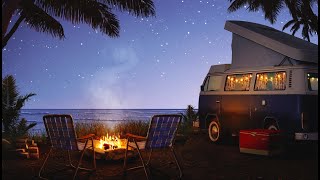 Campfire by the Sea Ambience | Crackling Fire, Ocean Waves, &amp; Crickets Sounds