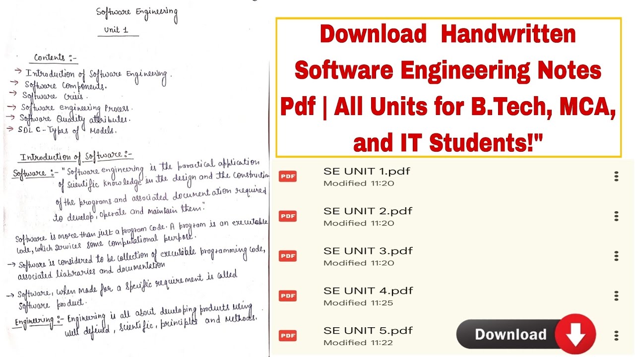 Software Engineering Notes PDF | Handwritten Notes for BTech CS | SE Concepts