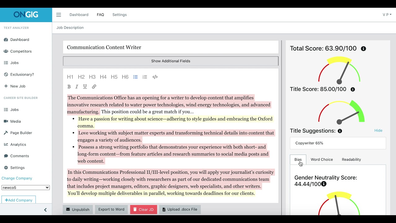 Overview of Job Editing - Ongig Text Analyzer