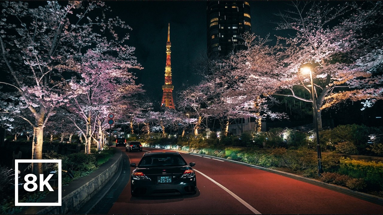 Tokyo Night Drive in Cherry Blossom Season 🌸 / 8K 60fps HDR / Driving Sounds & Binaural Ambience