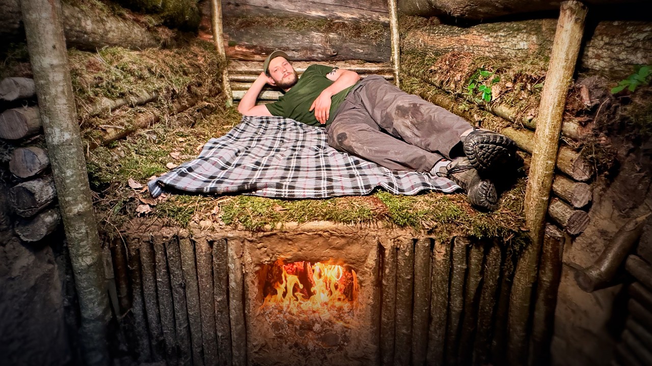 Building a Cozy Shelter under a Tree with a warm clay bed, Hidden dugout Bushcraft, Survival