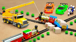 Rescue cars, cranes, excavators, trucks - Help the train transport cargo with dinosaurs