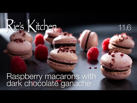 Raspberry macarons with dark chocolate ganache