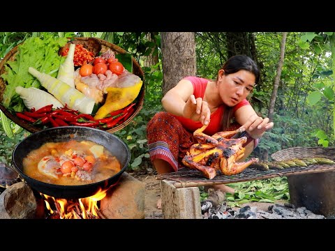 Roasted chicken with hot chili and cooking chicken tight with egg curry tasty delicious