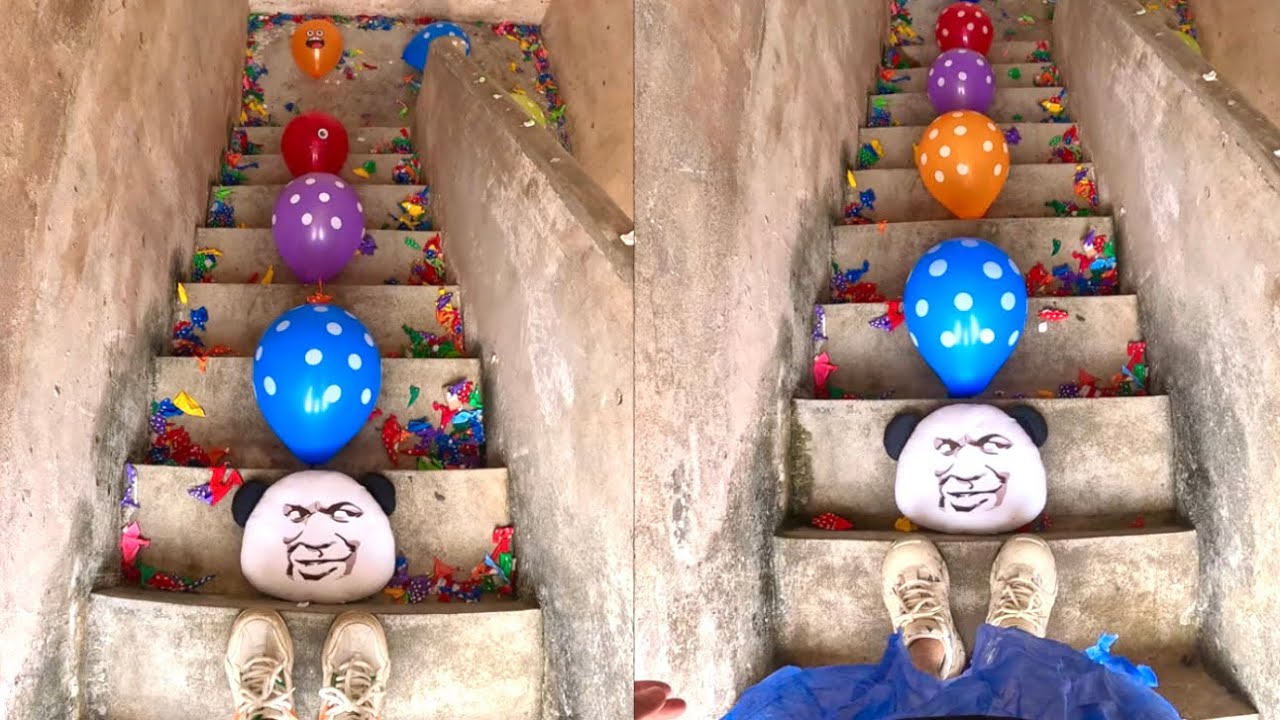 Staircase obstacle course with balloon popping