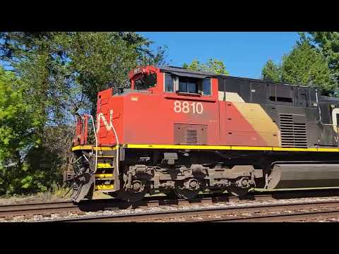 CN 8801, 2506, 3125, 2996 Westbound train with grain hoppers, LP Smart Side on center beam flat cars