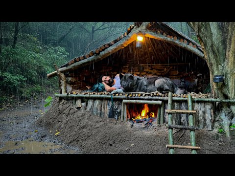 3 DAYS SURVIVAL CAMPING In HEAVY RAIN; Building Bushcraft Shelter Under Tree With WARM CLAY BED