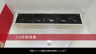 ストアハブ・ストレージプラスの貸し倉庫（トランクルーム）には、空気を流す業務用のサーキュレーターが各階の天井に設置されています。