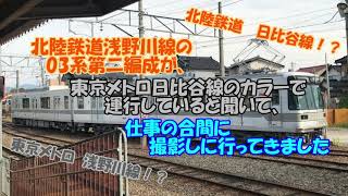 北陸鉄道浅野川線の03系第二編成が、東京メトロ日比谷線のカラーで運行していると聞いて、仕事の合間に撮影しに行ってきました【東京メトロ浅野川線！？北鉄日比谷線！？】