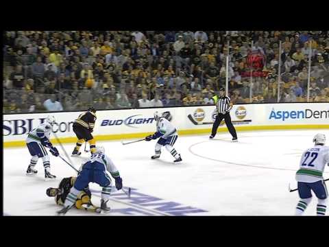 AARON ROME  late hit sends NATHAN HORTON  out on stretcher Bruins Vs. Cunucks Game 3