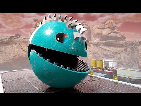 Pacman Trapped Inside a Giant Robot Maze with Walking Robot Blade and Rolling Robot