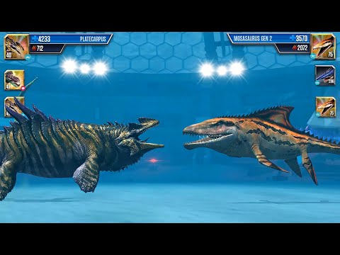 PLATECARPUS VS MOSASAURUS GEN 2 LEVEL 75 | AQUATIC BATTLE | JURASSIC WORLD THE GAME