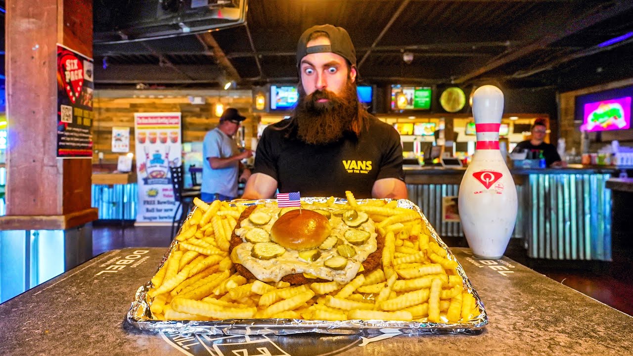 YOU WIN A HUGE TROPHY IF YOU FINISH THIS TENDERLOIN CHALLENGE IN A BOWLING ALLEY! | BeardMeatsFood