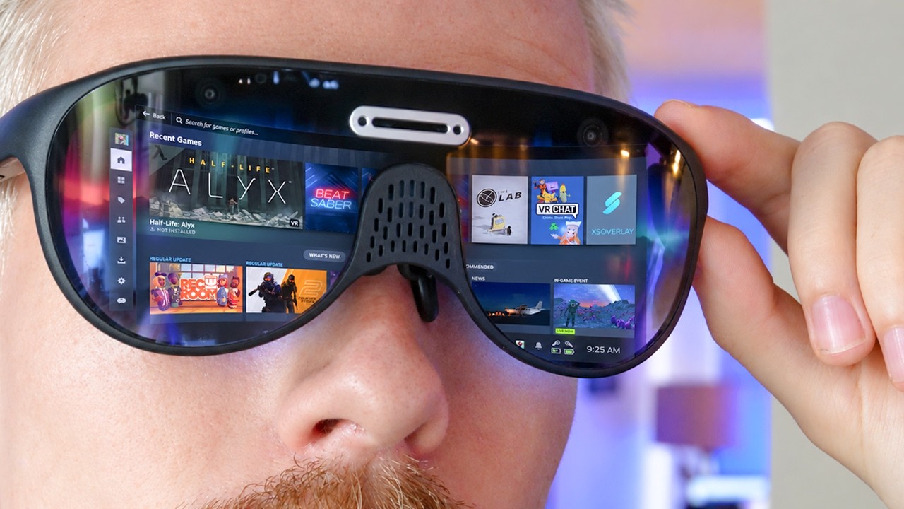 Video thumbnail showing a reviewer wearing the URXR One glasses with a Steam games library composited into the lenses