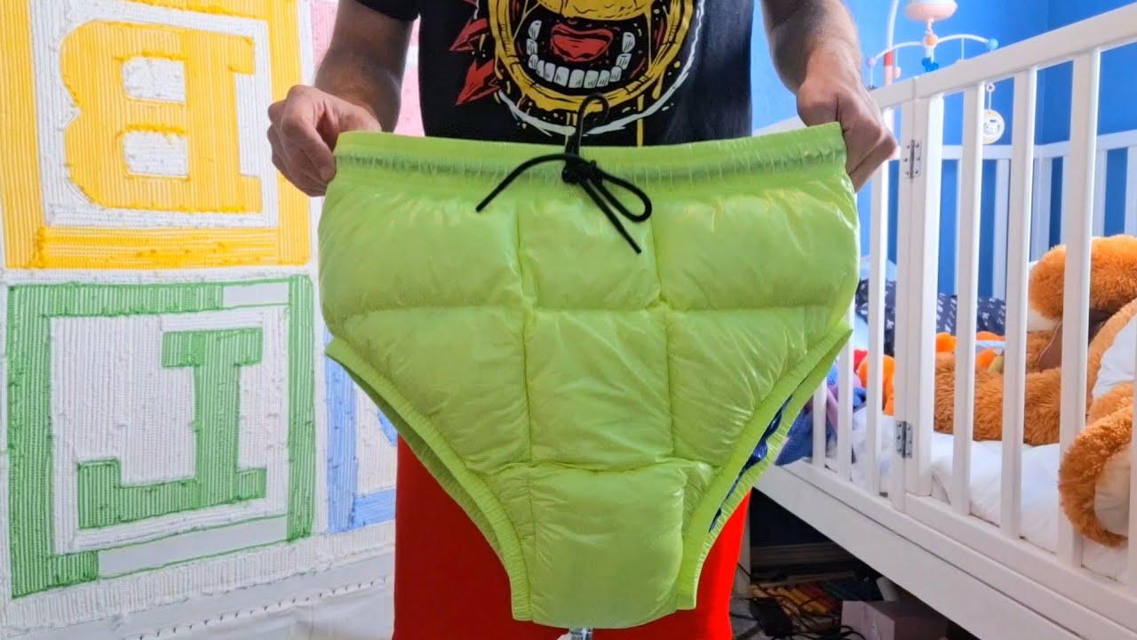 Yellow Green Shiny Puffy Underwear from Blackout Kinky. Fun diaper cover, great for wearing to bed
