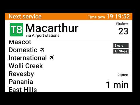 T8 Central train board | Central to macarthur | Macarthur via airport stations |