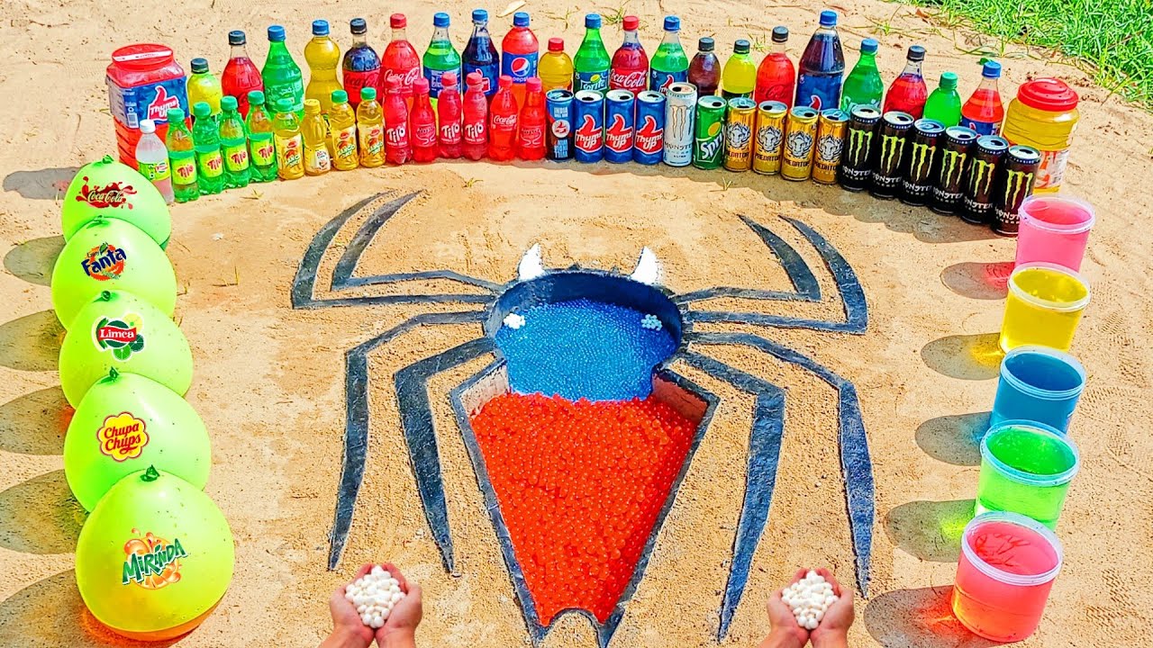 How to make Rainbow Spider with Orbeez, Big Coca Cola, Fanta, Monster, Popular Sodas vs Mentos