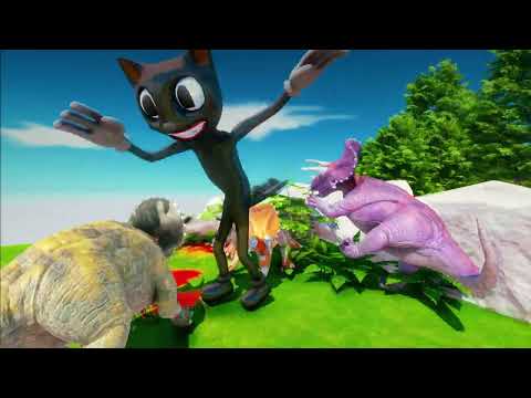 Cartoon Cat's Terrifying Confrontation with Herbivorous Dinosaurs