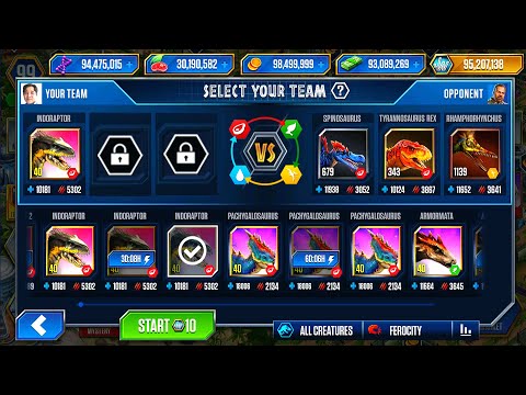 INDORAPTOR VS TYRANNOSAURUS REX, SPINOSAURUS, RHAMPHORHYNCHUS VIP BATTLE | JURASSIC WORLD THE GAME