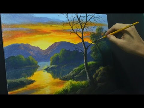 Acrylic Landscape Painting Lesson - How to Paint Sunset River and Reflections by JMLisondra