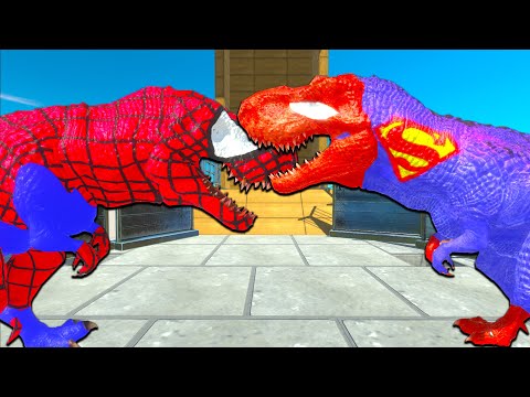 Superman T-Rex Dinosaur vs Spiderman T-Rex Falling Death Run - Animal Revolt Battle Simulator