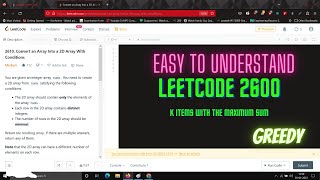 YouTube video '2600. K Items With the Maximum Sum | Greedy | Leetcode Weekly Contest 338'