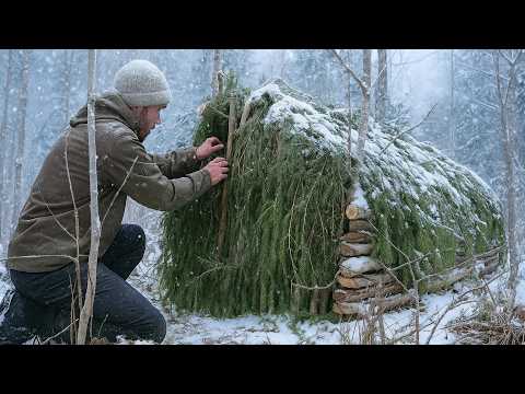 Building a Winter Shelter in SNOW & RAIN: 5 Days Camping Alone
