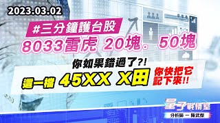 【量子戰情室】#陳武傑 0302 #三分鐘護台股 8033雷虎 20塊→50塊 你如果錯過了?! 這一檔 45xx x田 你快把它記下來!! (圖)