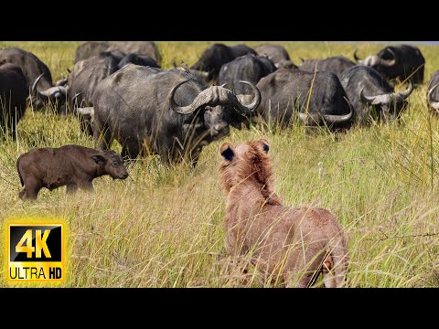 4K African Wildlife: Buffaloes & Lions of Kruger Transfrontier Park, South Africa & Relaxing Nature